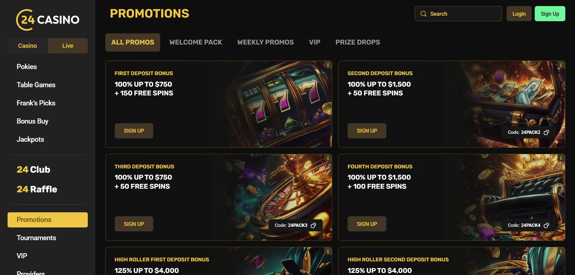 24Casino promotions page showing four deposit bonus cards and 24PACK promo codes