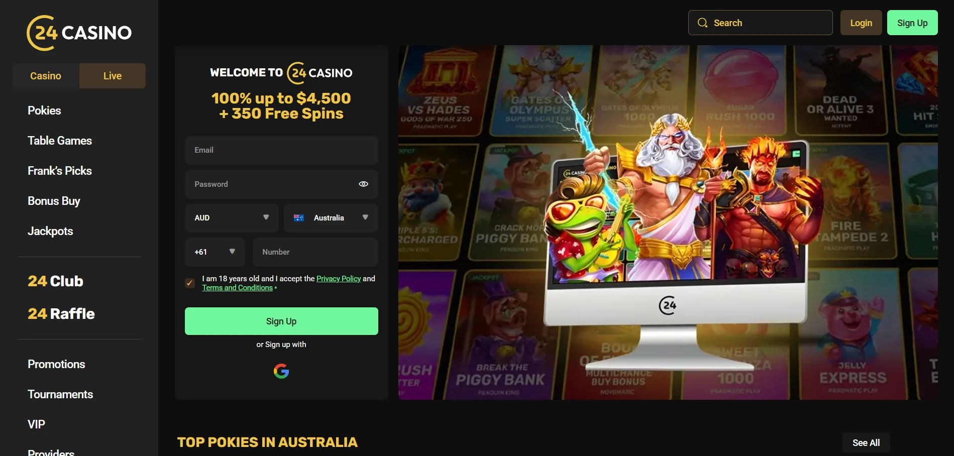 24Casino home page with the sign-up form and the 100% up to $4,500 + 350 Free Spins welcome banner