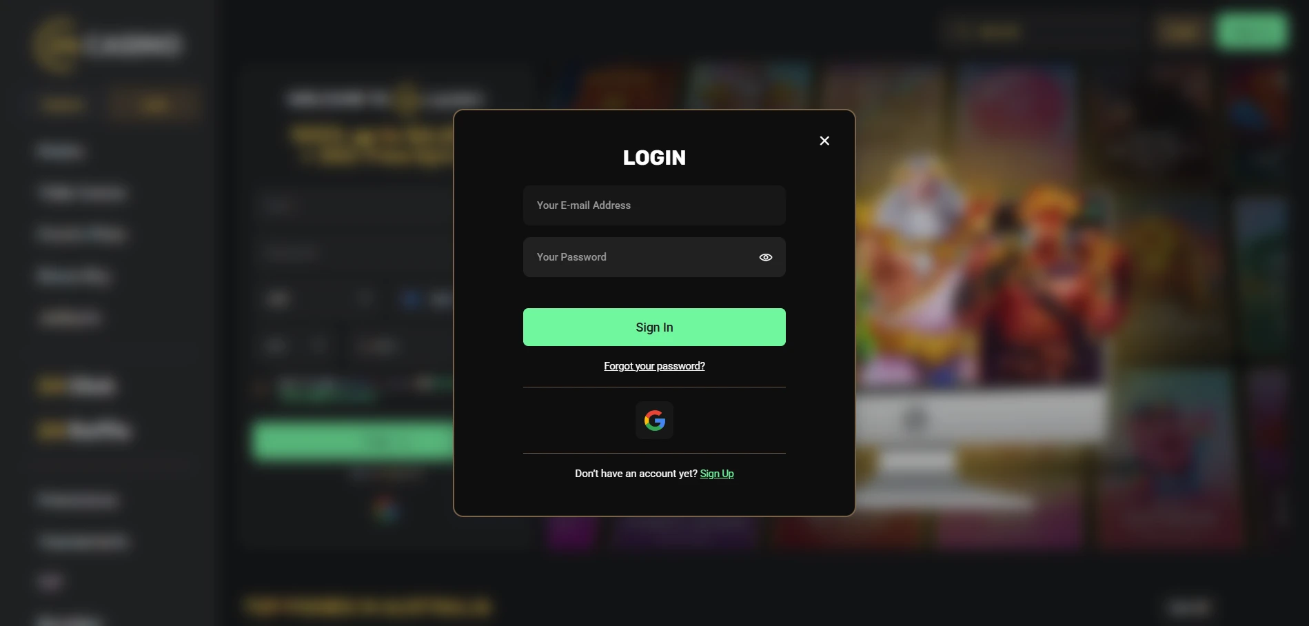 24Casino login pop-up with email and password fields, Sign In button, Forgot your password link and Google button
