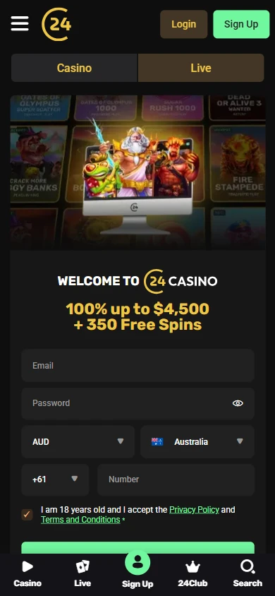 24Casino mobile view with the hamburger menu, Login and Sign Up buttons and the bottom navigation bar