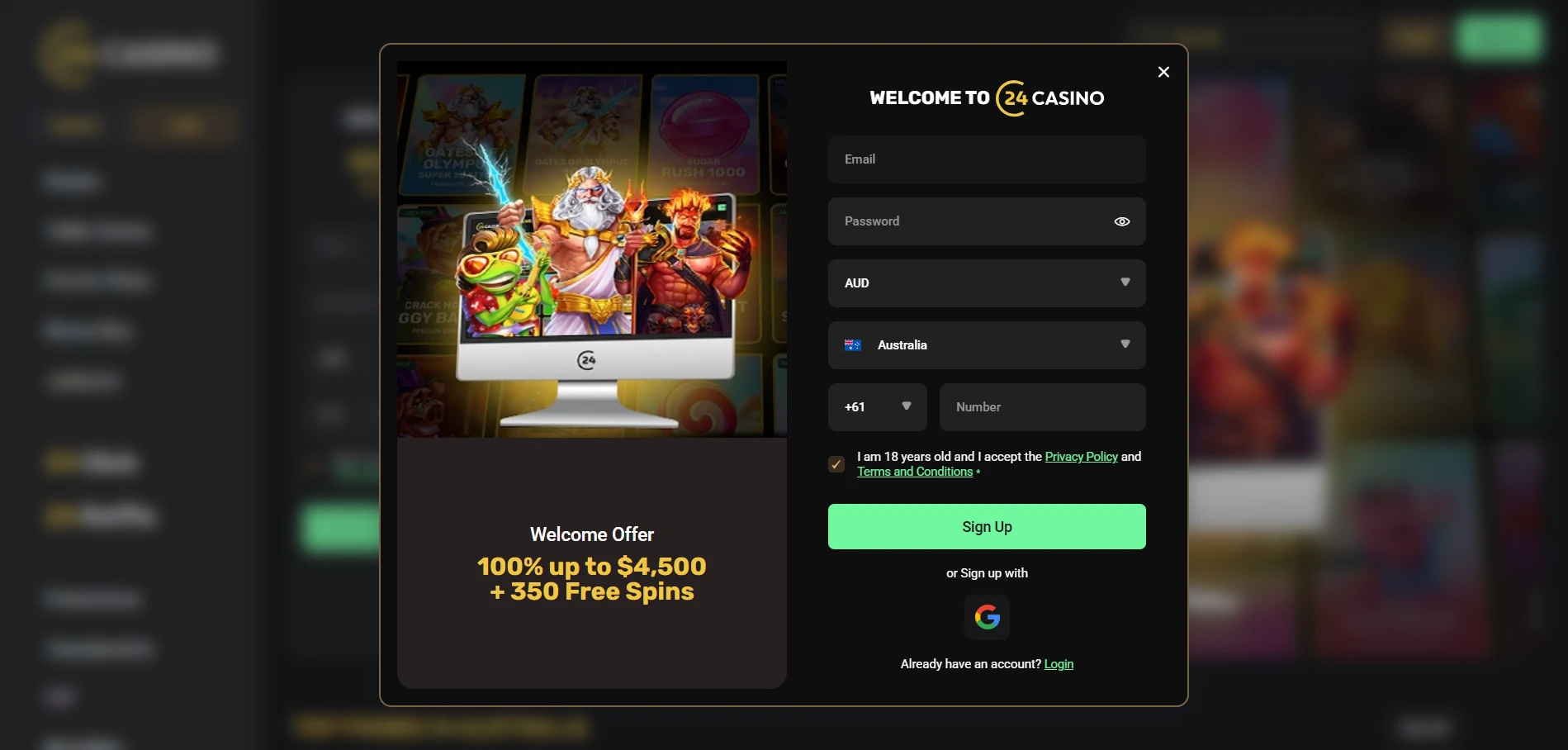 24Casino registration pop-up with email, password, AUD, Australia and +61 phone fields